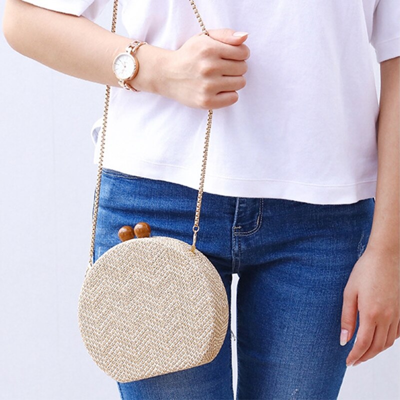 Rund vævet håndtaske banket kobling kvinde crossbody tasker til kvinder cirkulære strip skuldertasker harpiks rem træ håndtag