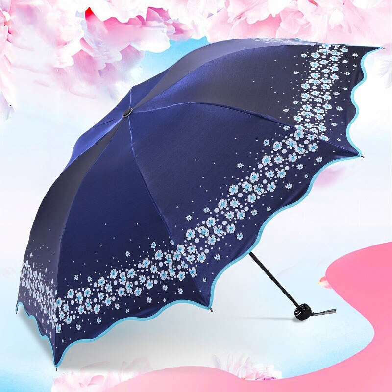 Flower Umbrella Parasol Female Folding Chinese Light Anti-UV Girl Sun Umbrella Rain Women: Navy Blue