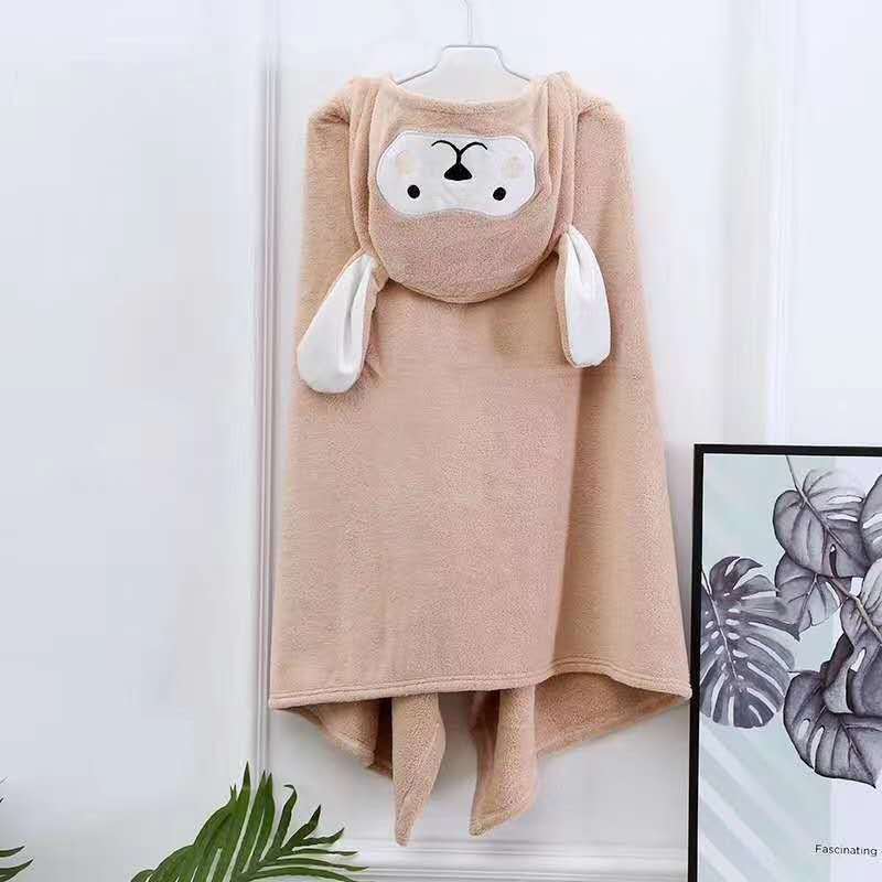 Badhanddoek, schattige cartoon koraalfleece kinder multifunctionele badjas met muts, kinderdeken 70*140cm: Kameel