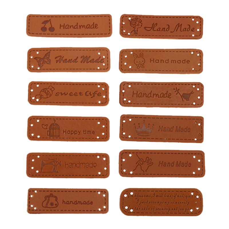 12 stks Engels Hand Made Etiketten voor Kleding PU Lederen Tags Handgemaakte Labels DIY Jeans Tassen Schoenen Naaien Accessoires