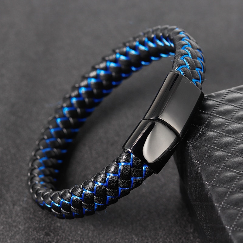Mannen Lederen Armband blauw Double Layer Rvs Armbanden Magneet Gesp Touw Ketting Mannelijke