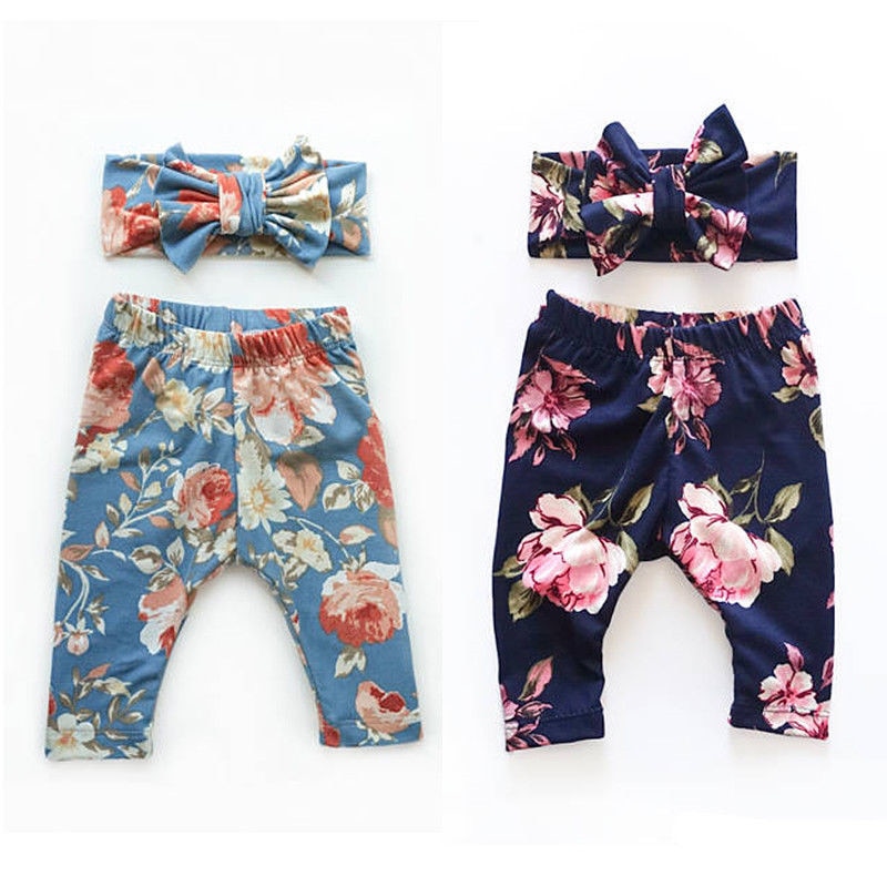 Pudcoco Newborn Infant Toddler Baby Girls Autumn Long Floral Clothes Bottoms Pants Toddler Trousers+Headband 2PCS Age 0-24M