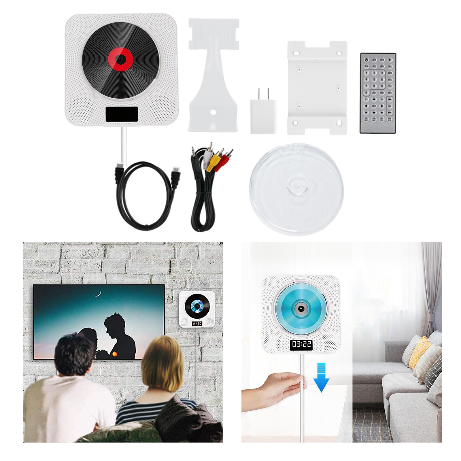 Compact Bluetooth CD Disc Music Player Wall Mounted Remote Control Built-in HiFi Speakers,US Plug