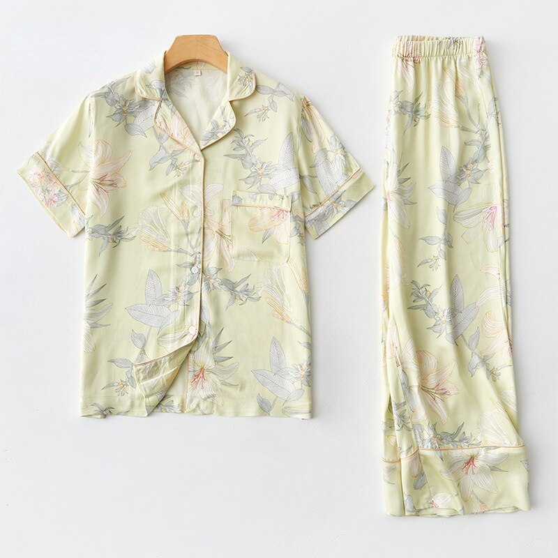 Vrouwen Homewear Viscose Katoen Groene Lelie Gedrukt Korte Mouwen Broek Vest Pyjama Pakken Voor De Lente En Zomer: short sleeve set / M