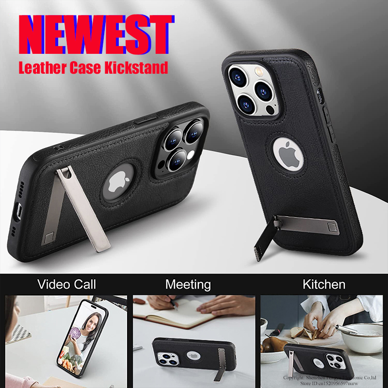 Funda de teléfono de cuero para iPhone, 15, 14 Pro Max Plus, 13, 12, 11, con soporte de Metal delgado, agarre suave, cubierta trasera de lujo