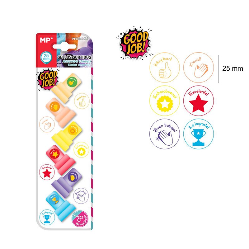 MP® Juego de Sellos de goma para Niños Infantiles Profesor Juguetes Estampar Dibujos Animalitos Frutas Sonrisa Corazon Estrellas Premios de Recompensa 10 Series de Diseños 6 Uds: Good Job