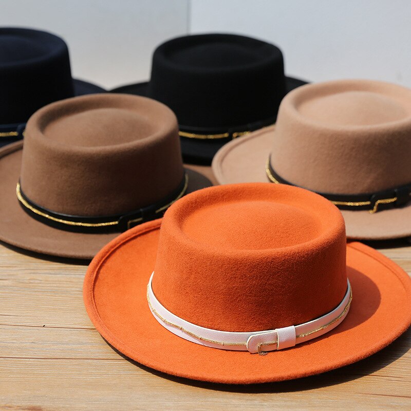 Casquette avec chaîne en feutre de laine pour femmes, chapeau marron à bord plat, casquette en forme de dôme, à la , chapeau Fedora pour église, X4069