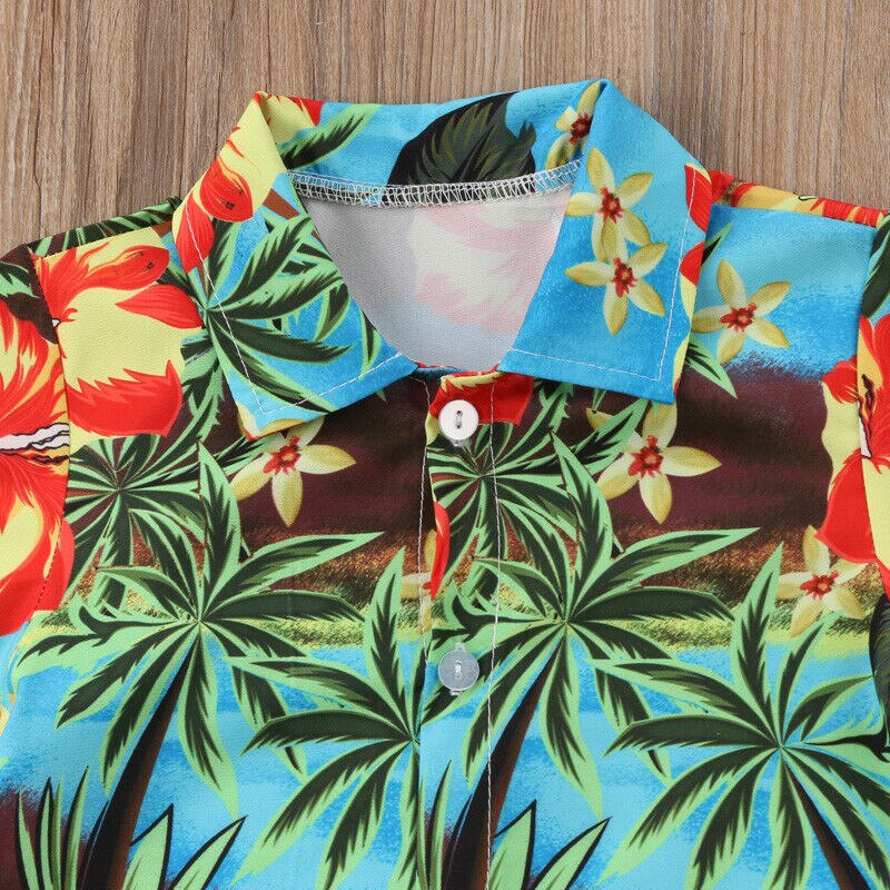 Hawaiian Style Boys Shirts Summer Kids Coconut tree Flowers Print Shirt Casual J