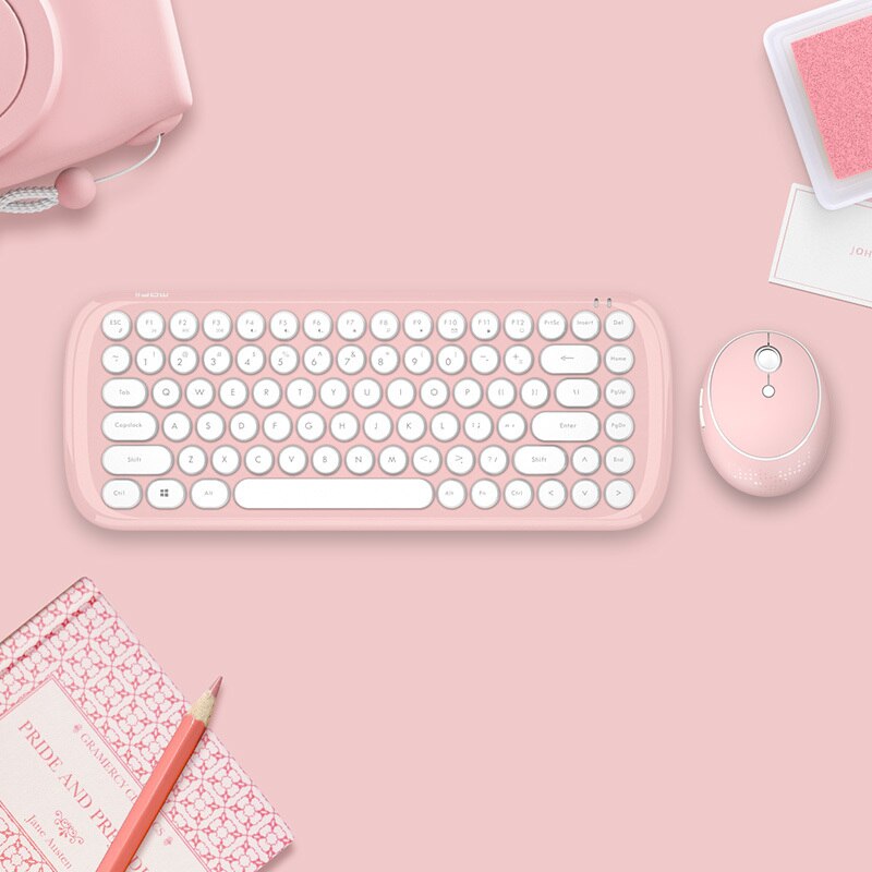 Jelly Comb-Conjunto de teclado y ratón inalámbricos para ordenador portátil, escritorio, teclado, ratón, peine, botón redondo: Girl Pink