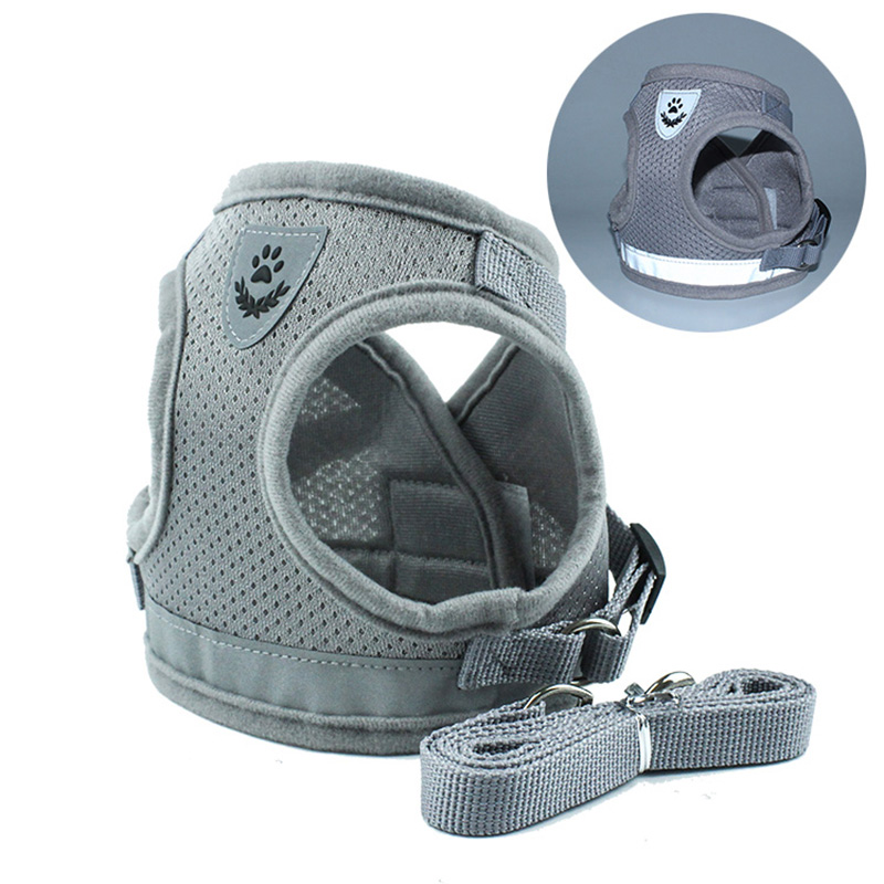 Aankomst Huisdier Zacht Ademend Air Nylon Mesh Puppy Hond Pet Cat Harness en Leash Set Basic Halter Harnassen: Grey / M