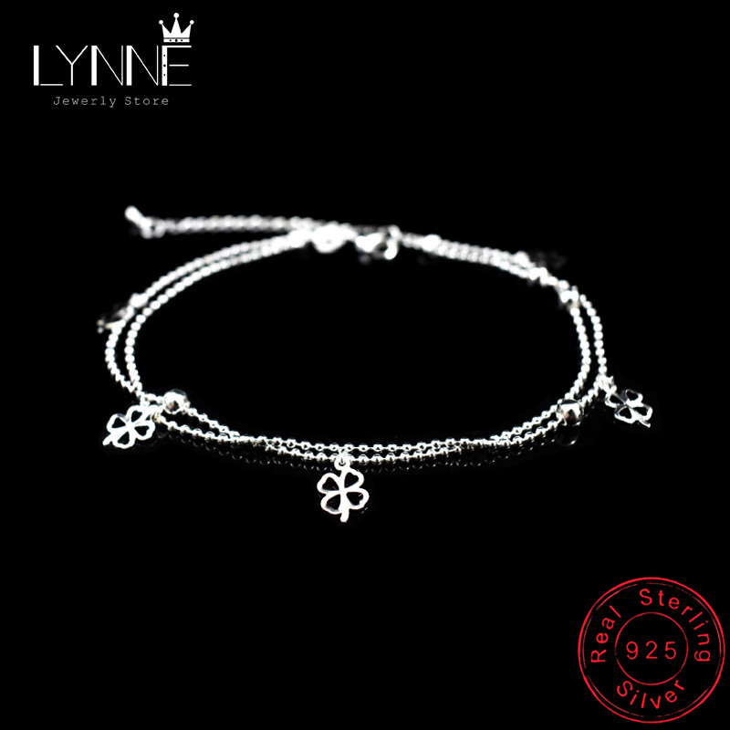 Newest 925 Sterling Silver Double Layer Small Ball Chain Anklet Lucky Clover Pendant Anklets Bracelet For Women Jewelry