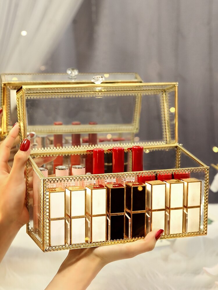 Retro kopparkant glas läppstiftslåda kosmetiska smycken förvaringslåda genomskinligt guld brons sminkorganisator badrumsställ