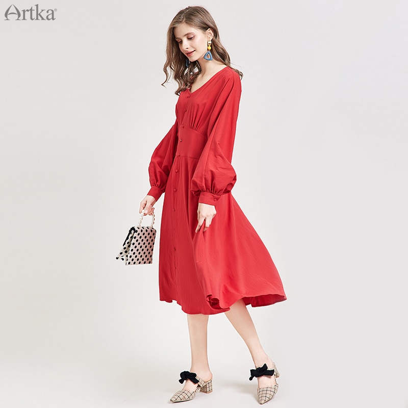 ARTKA Herfst Winter Vrouwen Jurk Vintage Rode Elegante V-hals Jurken Lantaarn Mouwen Lange Jurk Voor Vrouwen LA15299Q