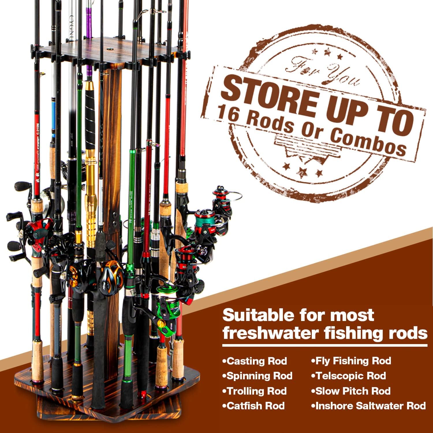 Fishing Rod Holders for Garage 360 Degree Rotating Fishing Pole Rack, Floor Stand Holds up to 16 Rods