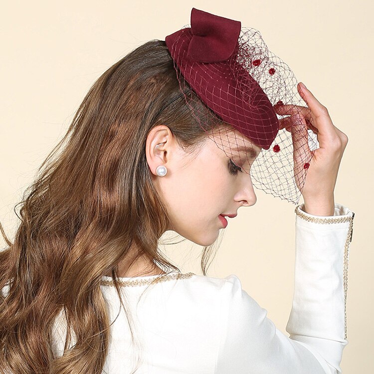 Kvinnelige fedoras hattemaker ull caps dame vinter varm slør lokk britisk stil fest fedoras lue kvinnelig brud hodeplagg ull lue b -8844