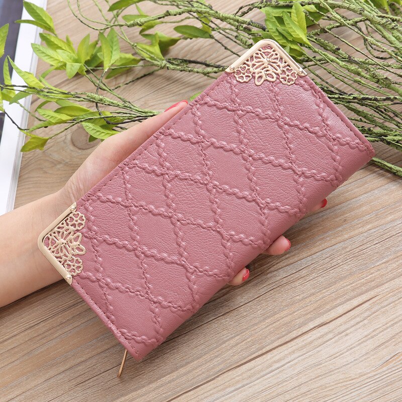 Long Wallet Women Purses Hollow Embossed Lingge Wallet Lady Sweet Clutch Wallet Multi-card Purse Portefeuille: Pink