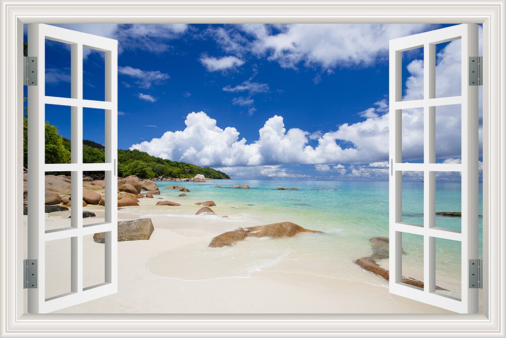 Blå strand natur himmel 3d vindue udsigt wallsticker pvc hav landskab vinyl mærkat værelse indretning selvklæbende tapet billede: Xl / Brun