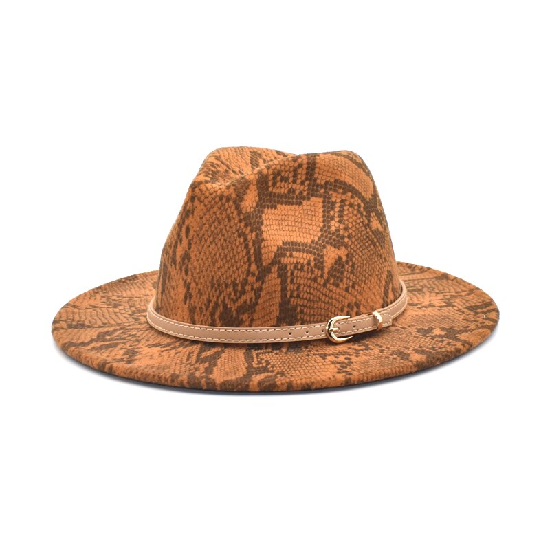 Fuodrao Snake Print Fedora Hoeden Voor Vrouwen Wide Brim Vilt Herfst Winter Britse Vintage Trilby Mannen Jazz Hoed F133: Brown