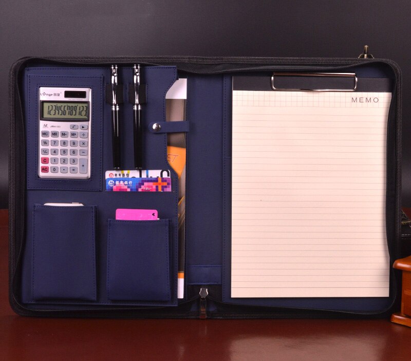 Multifunctional Business Zipped Padfolio Folder Document bag Organizer PU Leather A4 Portfolio Notepad calculator: Blue