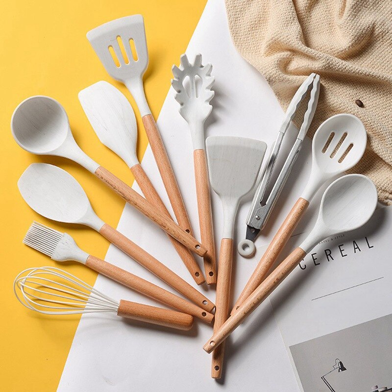 Ensemble d'ustensiles de cuisine 11 pièces ensemble d'ustensiles de cuisine rouge outils de cuisine en Silicone Gadgets ensemble de spatule en bois avec boîte de support
