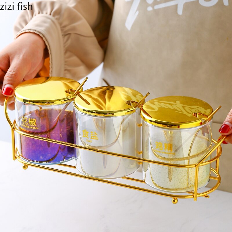 Transparent Glass Seasoning Jar with Golden Lid Household Salt Sugar Chili Jar Sealed Jam Jar Kitchen Storage Container