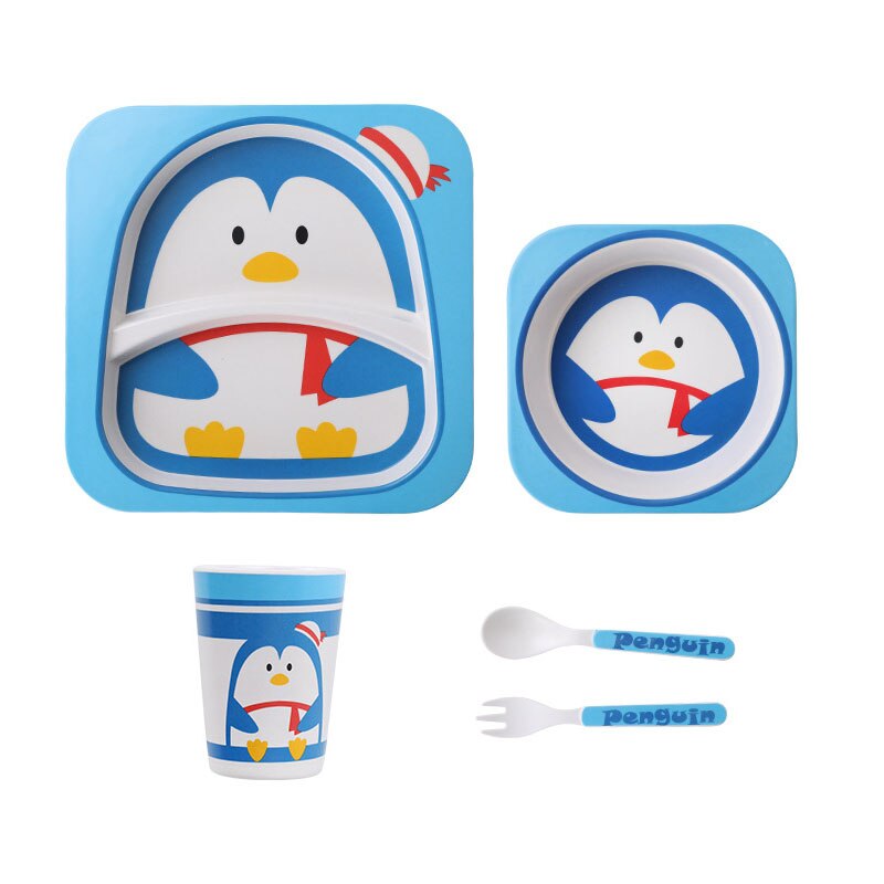 5pcs/set Animal Zoo Baby Plate Bow Cup Forks Dinnerware Feeding Set 100% Bamboo Fiber Baby Children Tableware Set: Little Penguin