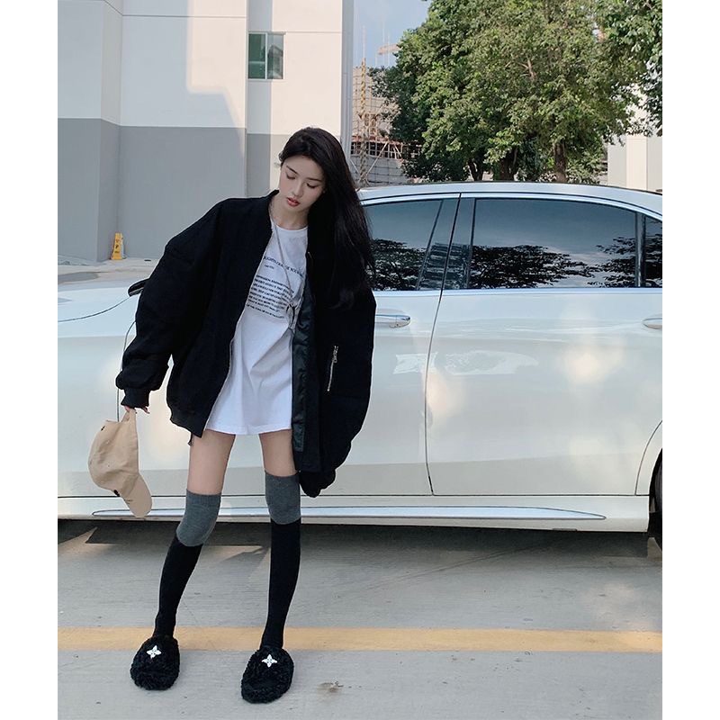 Oversize jakker kvinder bf stil chic bomberjakke frakker harajuku ensfarvet koreansk lynlås afslappet efterår overtøj vindjakke