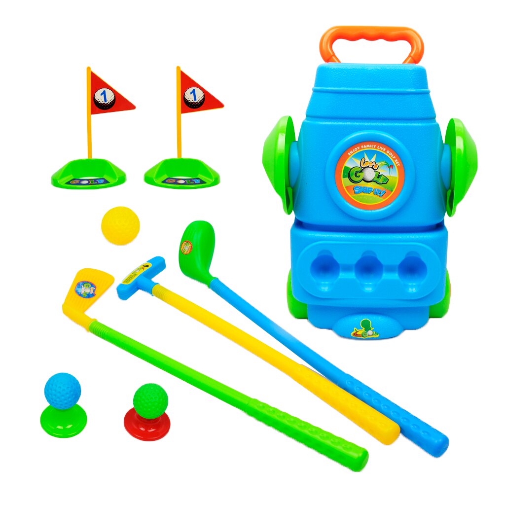 Blue Deluxe Kids Golf Set with Golf Cart, 3 Golf Balls, 3 Types of Clubs, 2 Practice Holes & 2 Flags