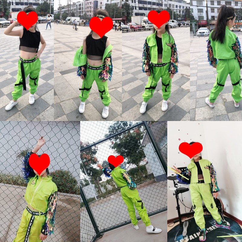 Hip hop dans kostumer fluorescerende grøn kvast frakke piger jazz tøj børn street dans scene performance slid  dn4099