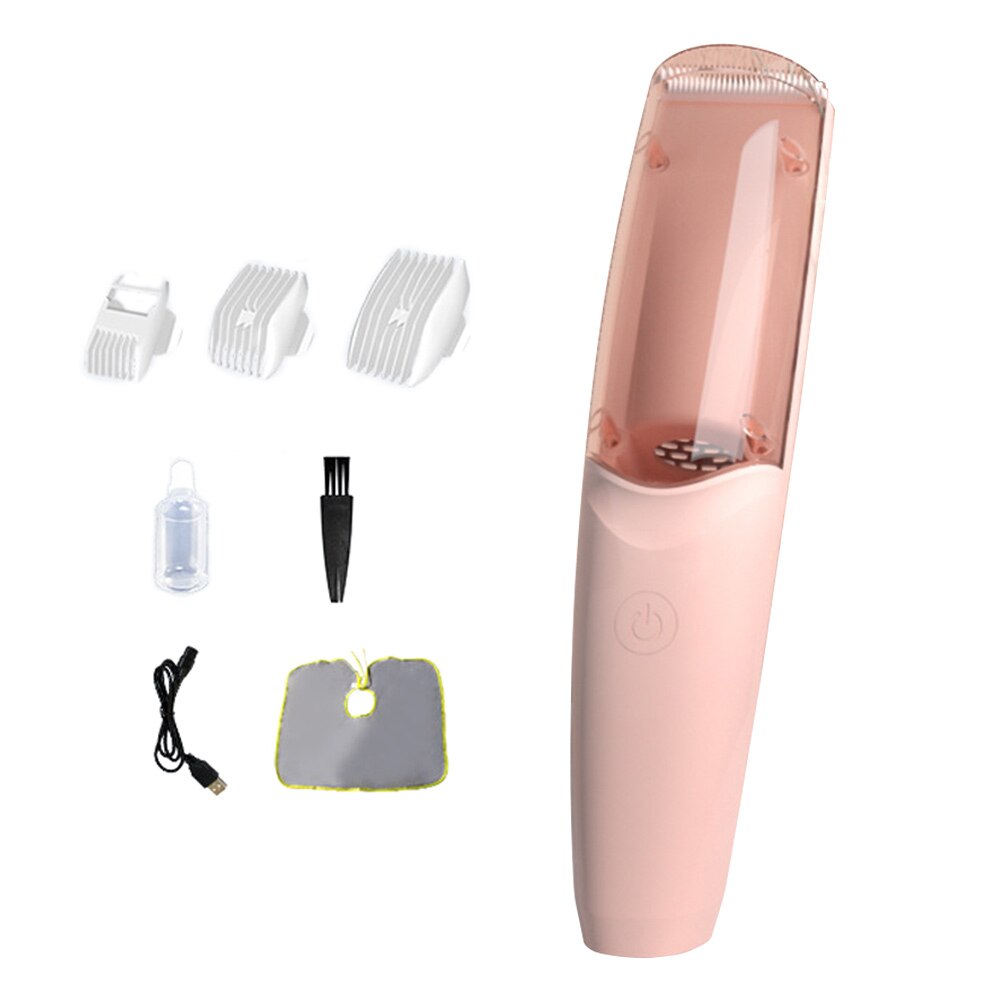 Cortadora de pelo eléctrica para bebé, recortadora de pelo silenciosa, succión automática, IPX7, impermeable, con capa de corte de pelo, cepillo de limpieza, 3 peines de guía: Rosa