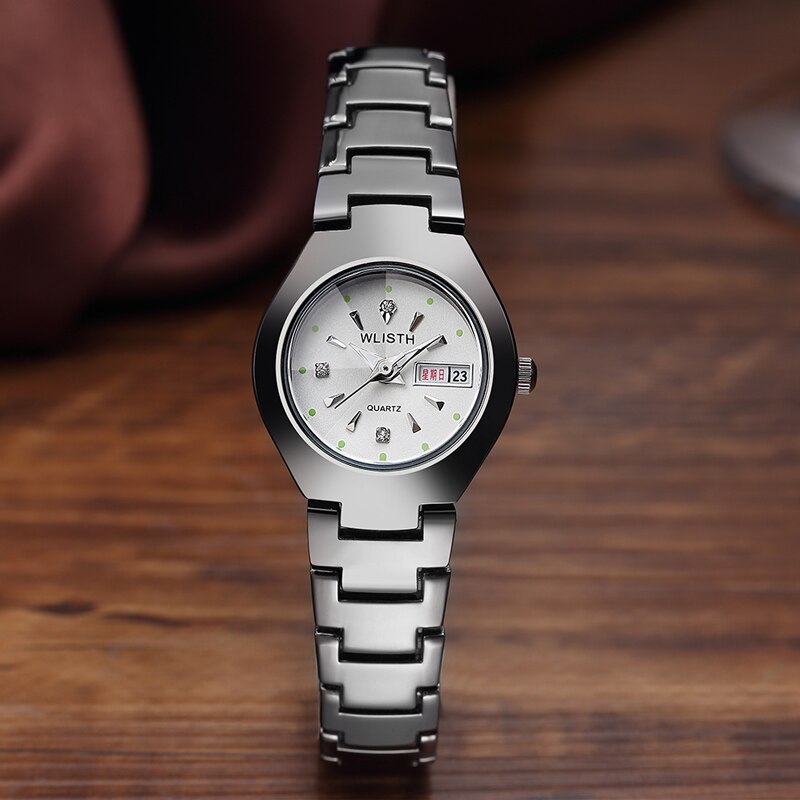 Paar Senior Uhr Herren Damen Uhr Leucht Wolfram Stahl Farbe Wasserdichte Schüler Männlichen Kalender Quarzuhr: Weiß weiblich