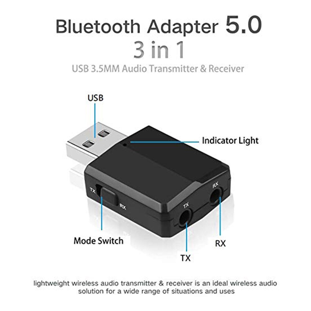 Draagbare Usb Bluetooth 5.0 Dongle Audio Ontvanger Zender Voor Pc Tv Hoofdtelefoon 3 In 1 3.5Mm Aux Muziek Adapter