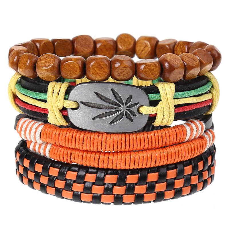 Pulseira de couro trançado 4 pçs/set, pulseiras para homens e mulheres, vintage, contas de madeira, cruz, étnica, esperança: A-2