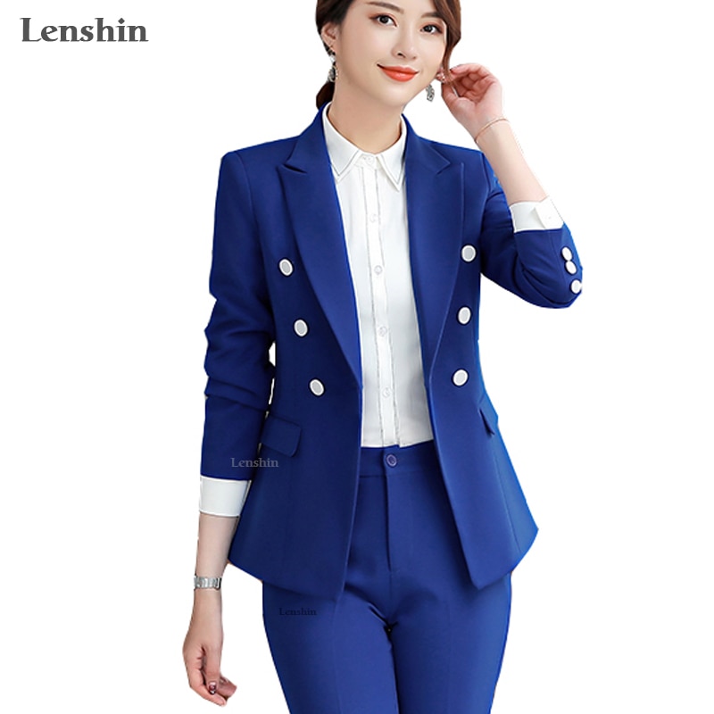 Lenshin 2 Piece Set Formal Pant Suit Blazer Office Lady Designs Women Soft Jacket and Ankle-Length Trousers