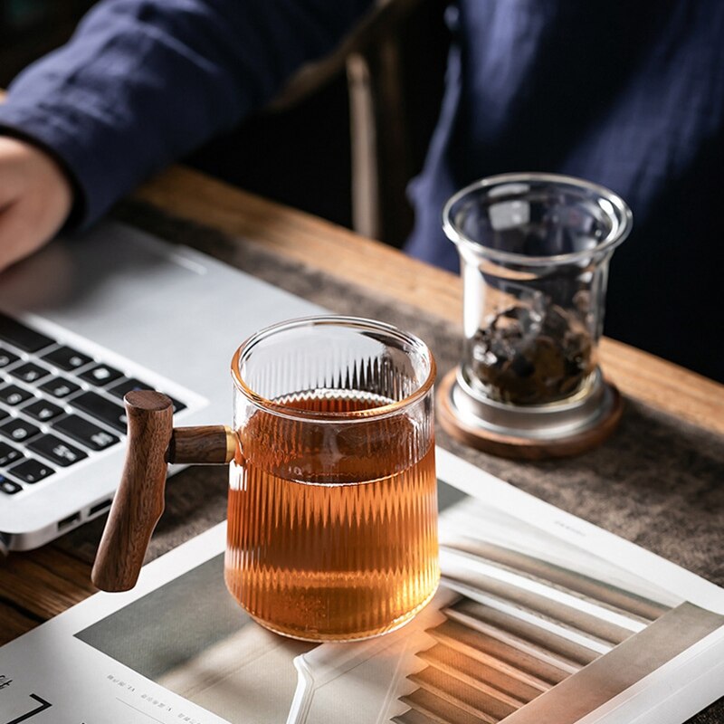 Tasse à thé en verre Borosilicate avec poignée en bois, avec couvercle, filtre, résistant à la chaleur, tasse à café, pour la cuisine et le bureau