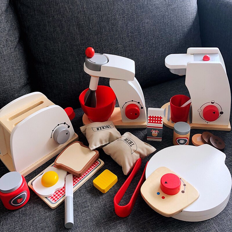 Wooden Kitchen Pretend Play Toy Simulation Wooden Coffee Machine Toaster Machine Food Mixer Baby Early Learning Educational Toys