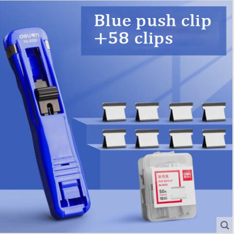 58 Pcs Metalen Clip Push Clipper Nietmachine Papier Vaststelling Organiseren Nietmachine Herbruikbare Draagbare Push Klem Niet Schade Papier: Blue with 58pcs