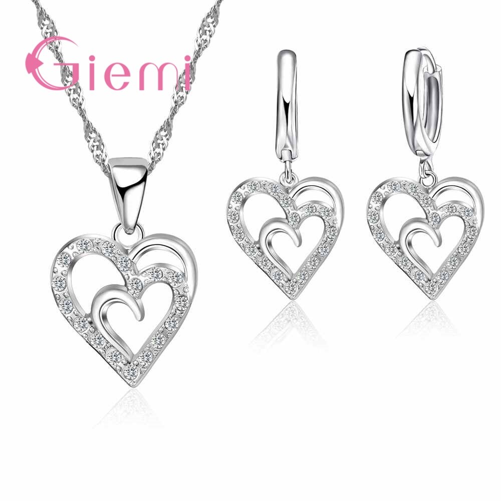 Zoete Hart Vrouwen Sieraden Sets Voor Wedding Party Shiny Zirkoon Echt Zilveren Ketting Hanger Oorbellen Set