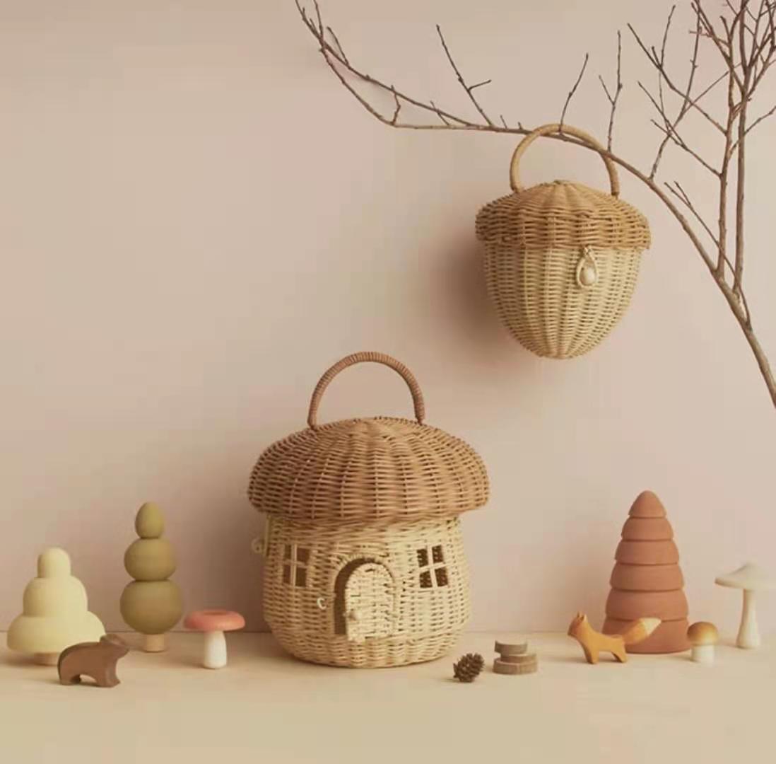 Cesta de mimbre hecha a mano con forma de seta para niños, bolso de mano para niña, bolso de playa de ratán, decoración para niños