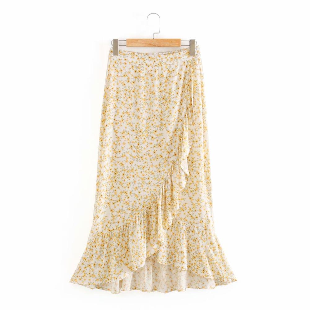 Women yellow flower print irregular pleated ruffles midi skirt faldas mujer ladies side zipper vestido skirts QUN611: S