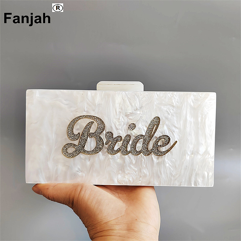 Pearl White Silver Glitter Name Bride Personal Party Beach Summer Lady Acrylic Claps Women Box Clutches Purse Wallet