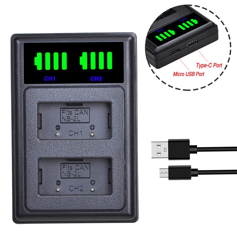4Pcs NB-2L NB-2LH NB 2L NB2LH battery + LED Dual USB Charger Type C for Canon EOS 400D S80 S70 S50 S60 350D G7 G9 Rebel XT XTi: 1 charger