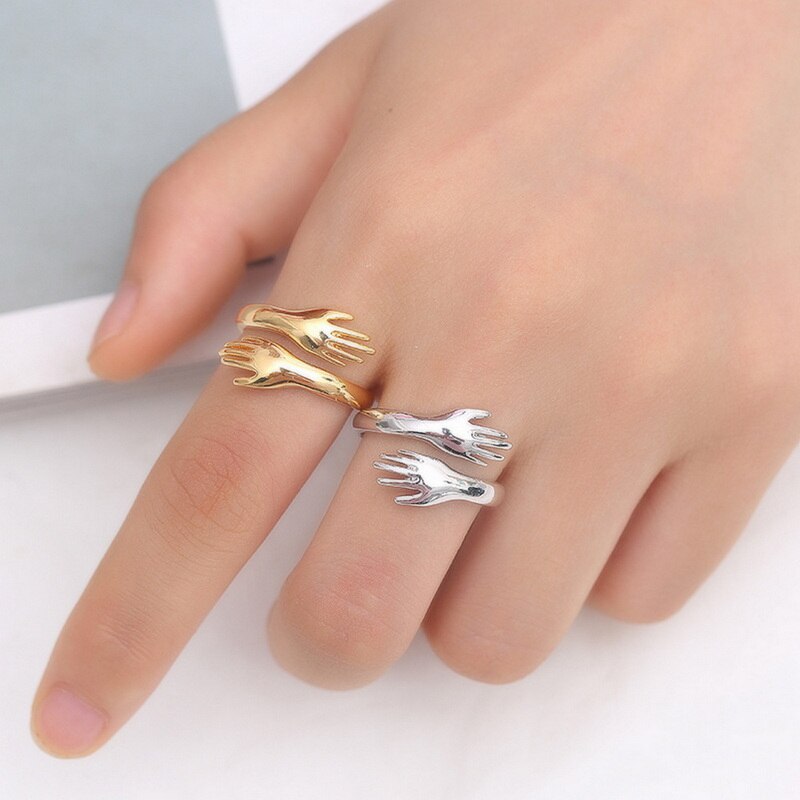 Mode Hand Knuffel Vinger Palm Opening Ringen Voor Mannen Vrouwen Paar Sieraden Zilver Kleur Verstelbare Partij Daily Accessoires