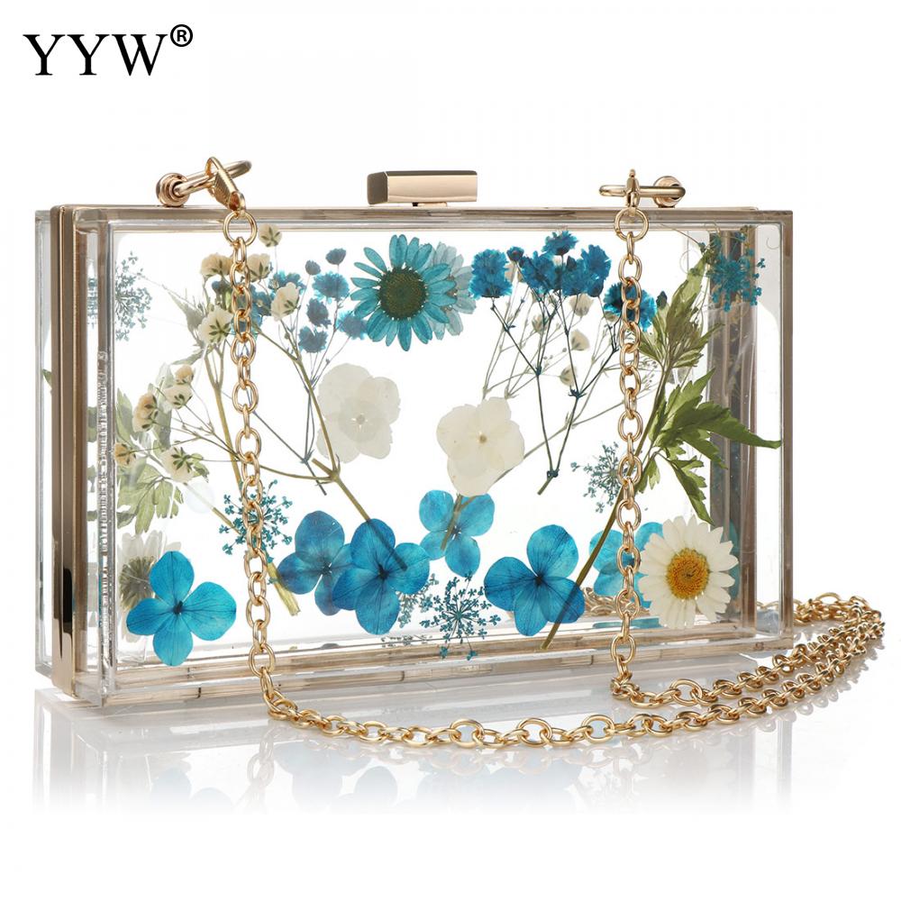 Acrylic Transparent Floral Evening Clutch Wedding Bridal Cute Wallet Women Tote Pack Clear Hard Box Metal Chain Shoulder Bags