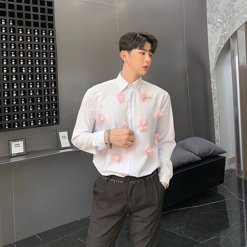 Men's White Shirt with Pink Flowers Decoration Stylish Shirts Long Sleeve Applique M-XL: L