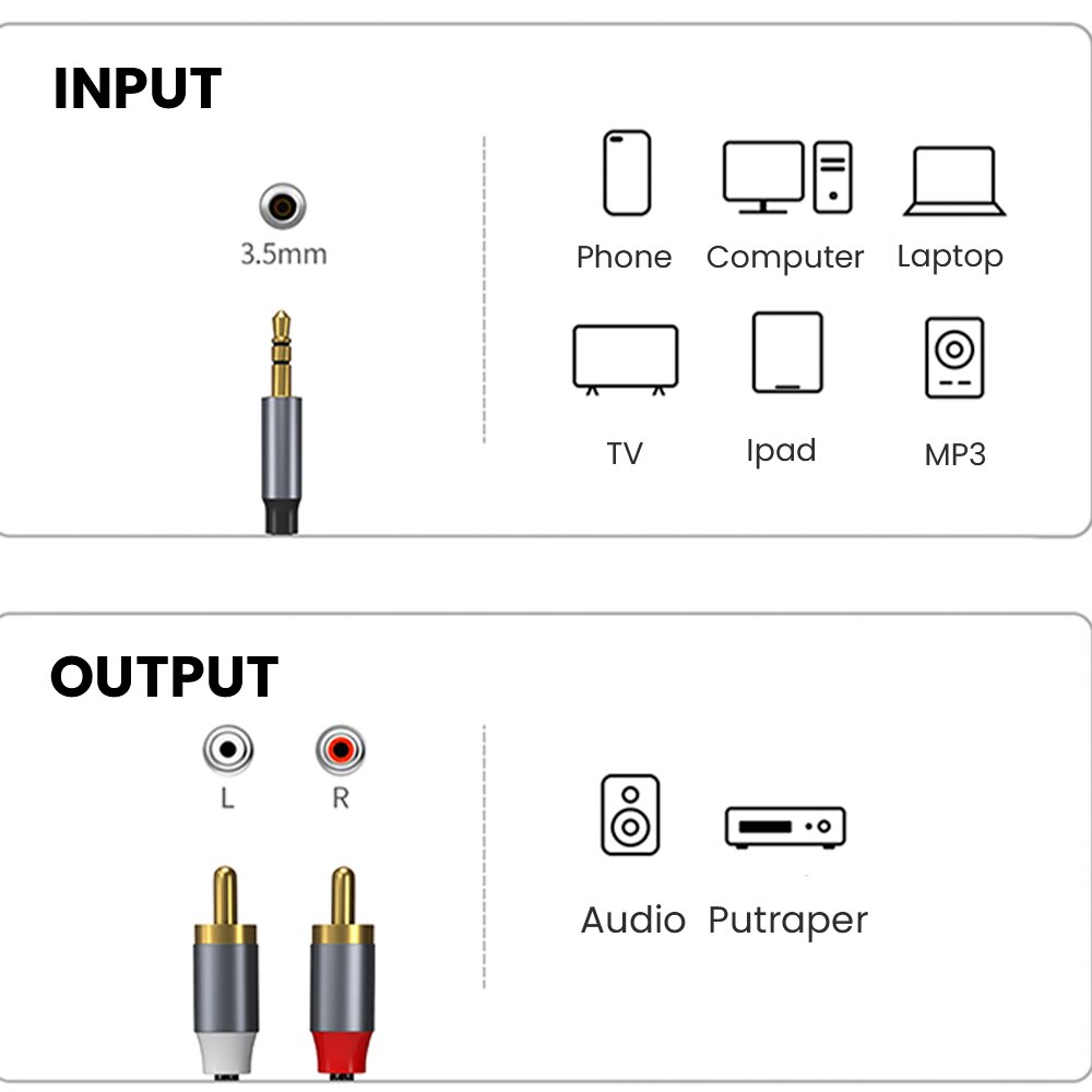 NIERBO-Cable RCA de 3,5mm a 2m, Cable de Audio RCA de 6,6 pies, chapado en oro de 24K, macho a macho, Cable auxiliar estéreo Y adaptador divisor para Audio