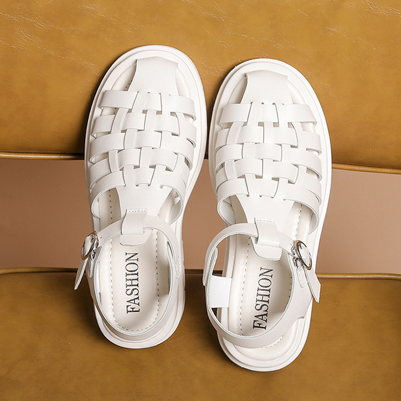 Vrouwen Sandalen Zomer Platte Platform Weave Sandaal Chunky Bodem Leer Mode Vrouwelijke Slippers Gesp Dames Schoenen