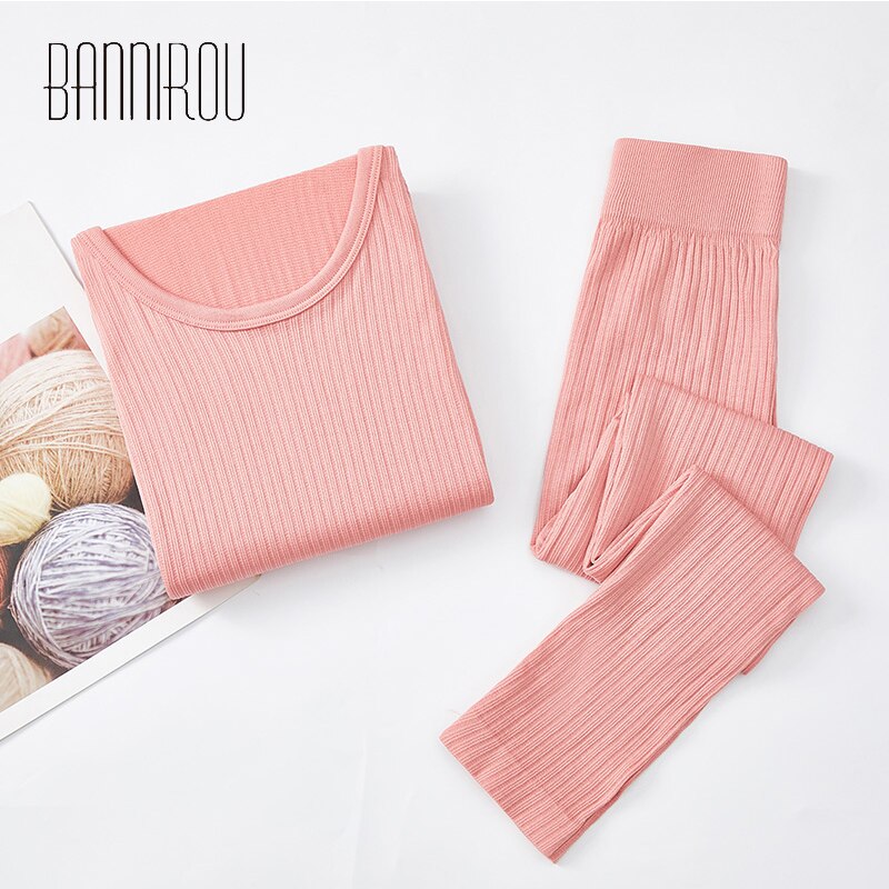 Bannirou termiske undertøjssæt til kvinde solid enkel elastisk kvindelig søvn slid blød hold varm lang johns kvinder hjemmetøj