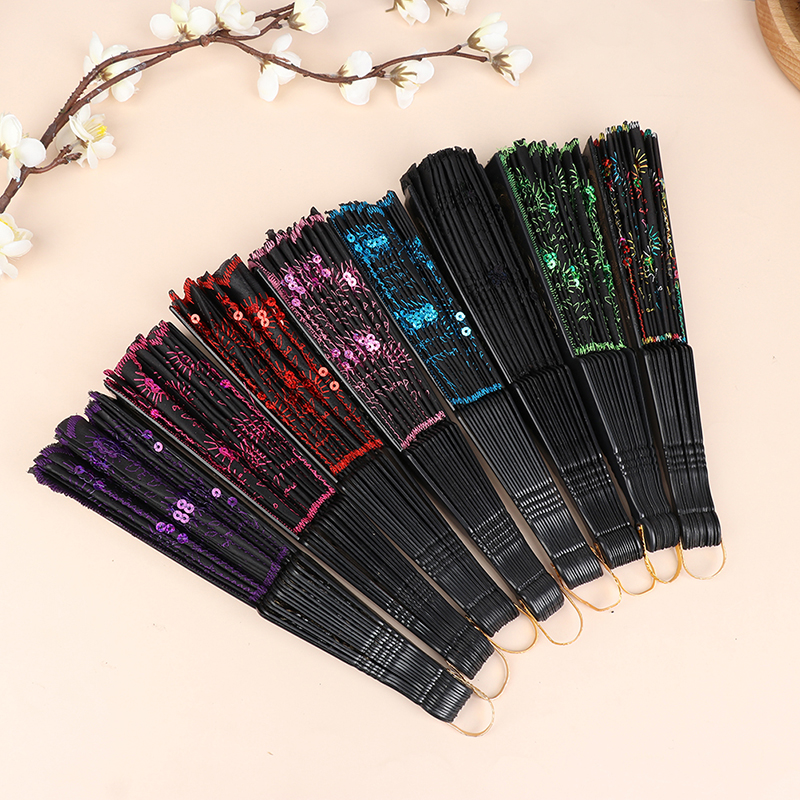 Silk Fan Folding Fan Wedding Art Peacock Sequin Dancing Fan Hand Held Fan