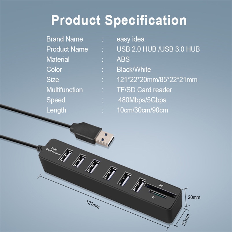 Connecteur USB, Hub USB 3.0 Multi Hub USB 3.0, séparateur USB 2.0 3 / 6 Ports, Hab, Micro TF/SD à grande vitesse, lecteur de cartes, accessoires d'ordinateur pour PC